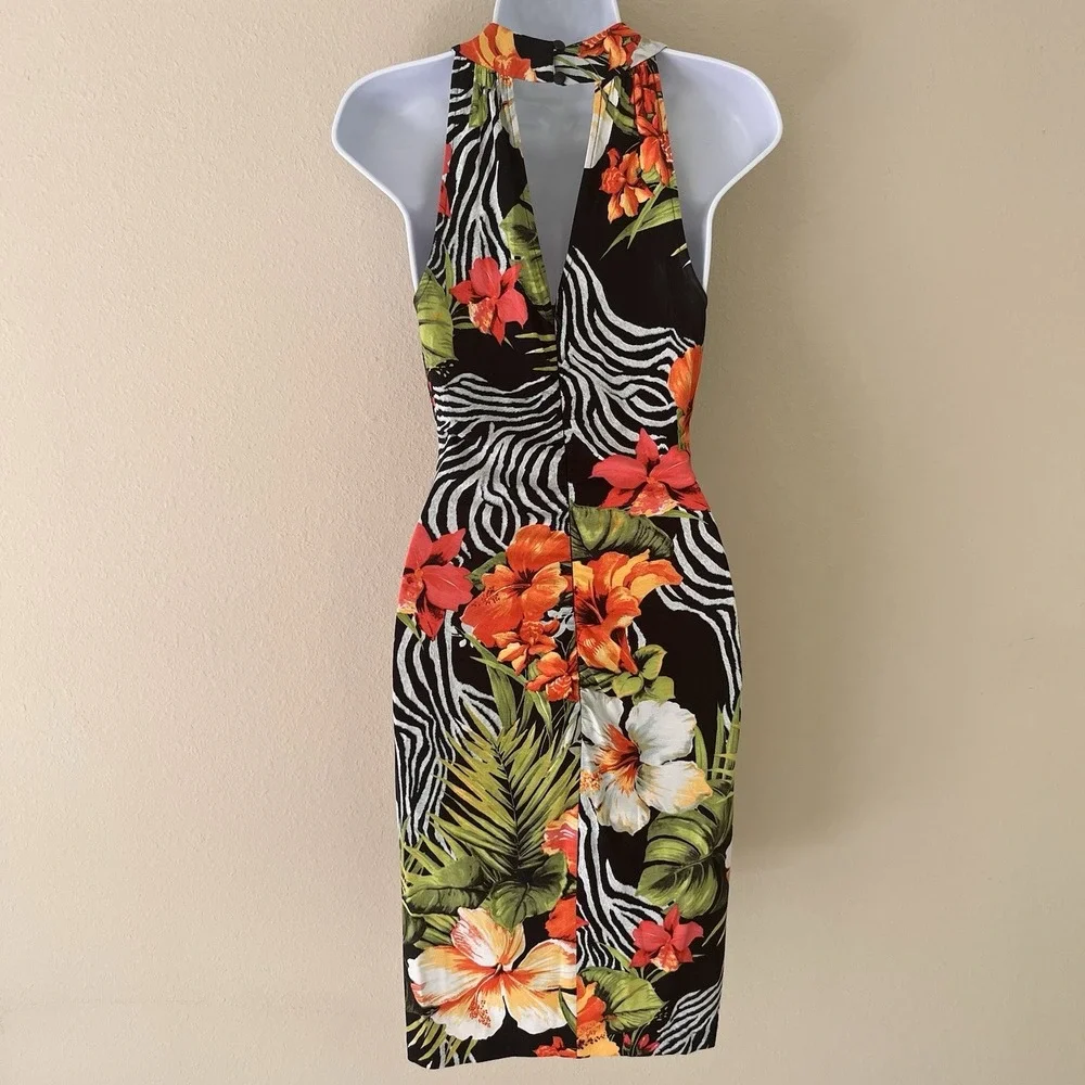 Vintage Cache Bodycon Dress Medium Faux Wrap Tropical Zebra 90s Maximalist USA - Picture 7 of 12